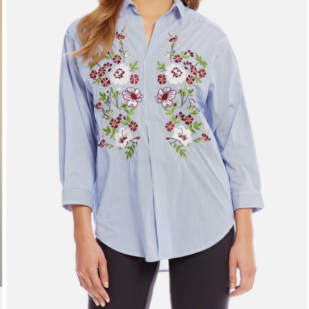 Gibson Latimer 2X Striped Blouse Floral Embroidered Popover V-Neck 3/4 Slv